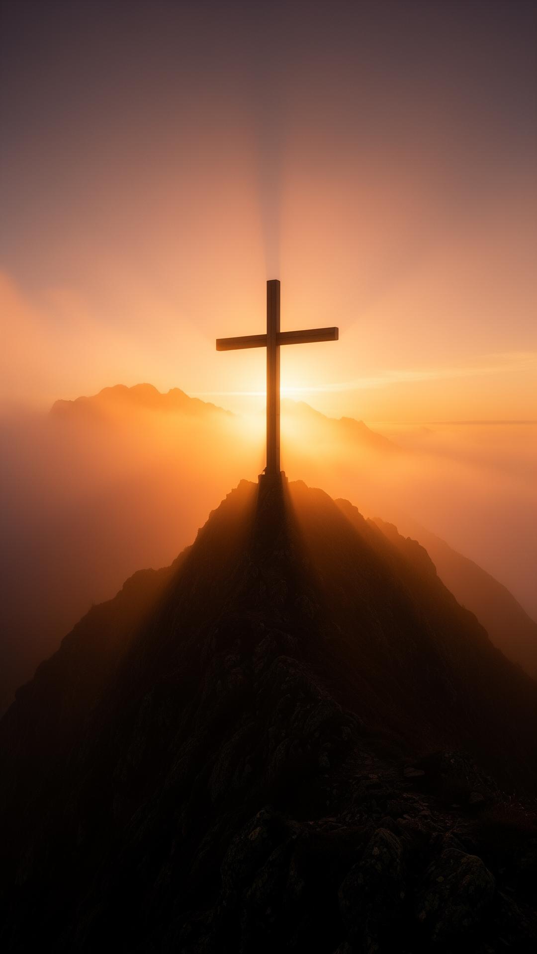 Cruz no alto do monte ao amanhecer com raios dourados rompendo a neblina